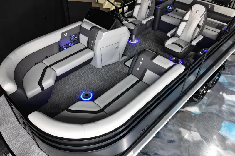 Slide: The Image of Luxurious interior of 2026 Viaggio Lago X-S 22 pontoon boat with modern seating and LED lighting. - 3