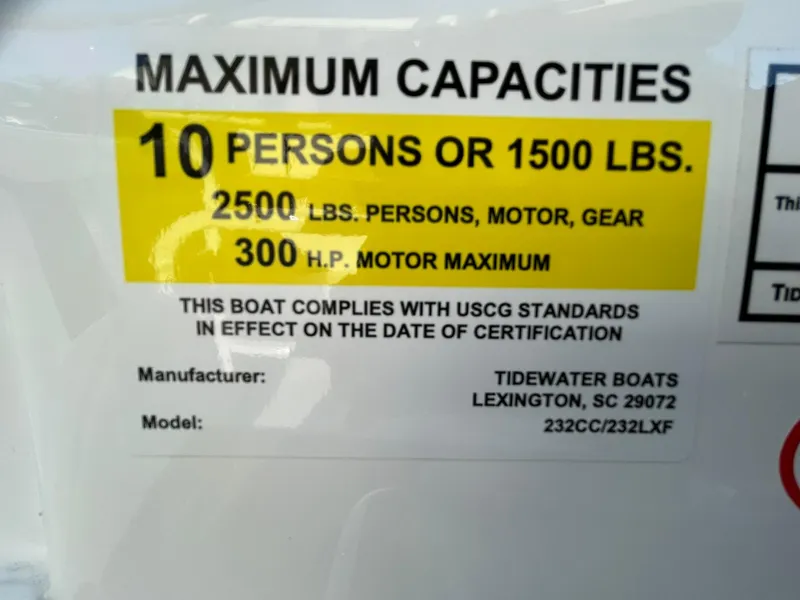 Slide: The Image of Tidewater 232 LXF 2025 boat capacity label: 10 persons, 1500 lbs, 300 HP motor. - 34