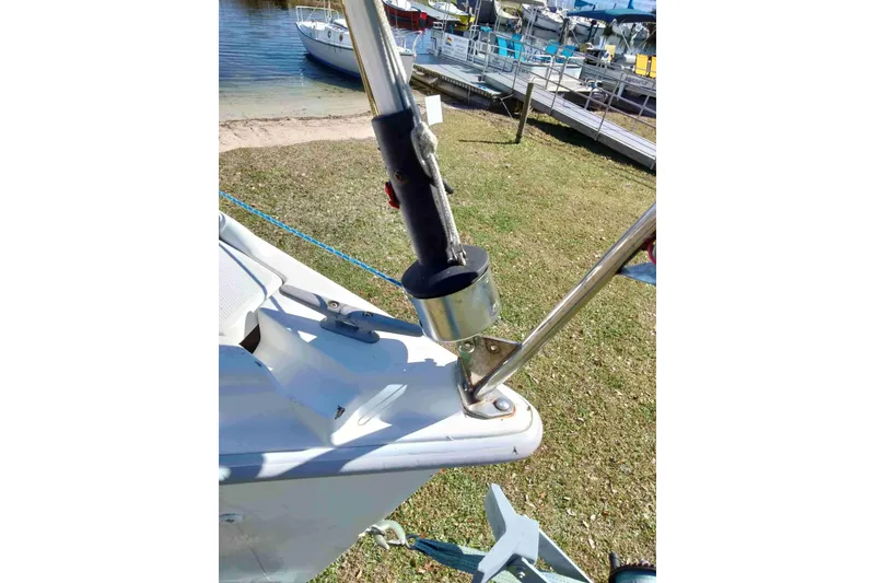 Slide: The Image of Close-up of a 1998 Hunter 240 sailboat's rigging and deck details. - 16