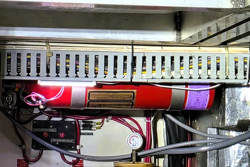 Slide: The Image of Engine room of 1990 Californian 48 Cockpit Motor Yacht with fire extinguisher and wiring. - 51