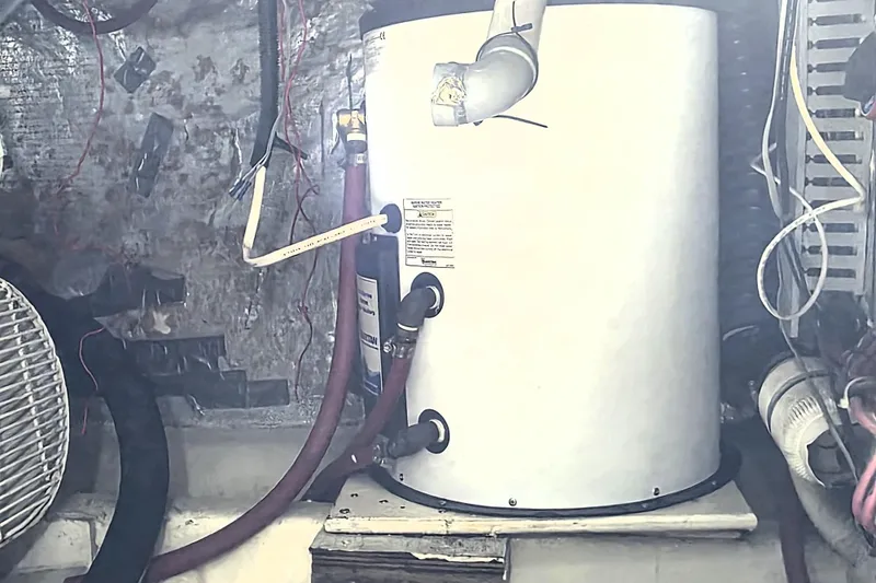 Slide: The Image of Engine room of 1990 Californian 48 Cockpit Motor Yacht with water heater and wiring. - 52