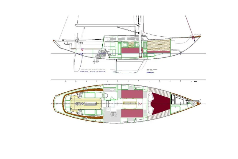 Slide: The Image of Blueprint of a 2011 Morris M42 sailboat, showcasing interior layout and design details. - 2