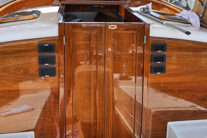 Slide: The Image of Polished wooden cabin doors on a 2011 Morris M42 yacht, showcasing elegant craftsmanship. - 39