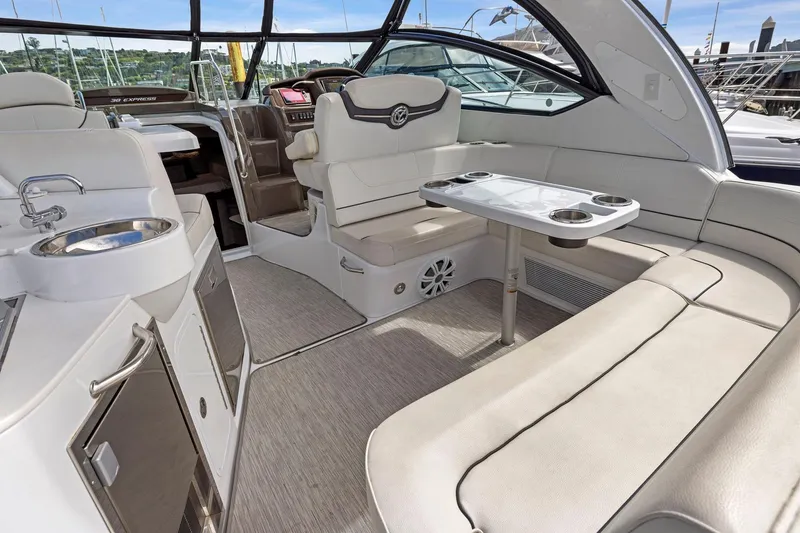 Slide: The Image of Luxurious interior of 2019 Cruisers Yachts 38 Express with plush seating and modern amenities. - 27