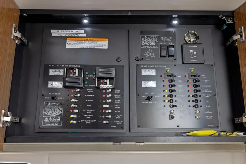 Slide: The Image of Electrical control panel of 2019 Cruisers Yachts 38 Express, featuring power distribution switches. - 51
