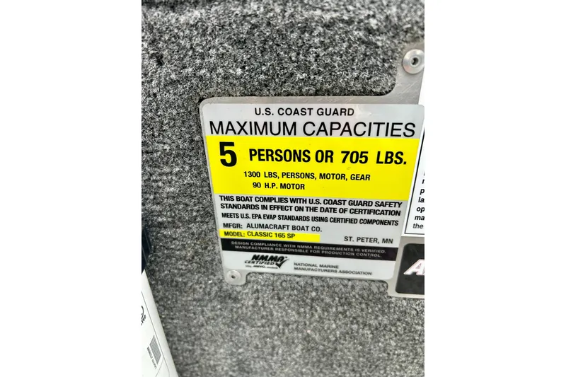 Slide: The Image of 2021 Alumacraft Classic 165 Sport capacity label: 5 persons or 705 lbs, 90 HP motor. - 37