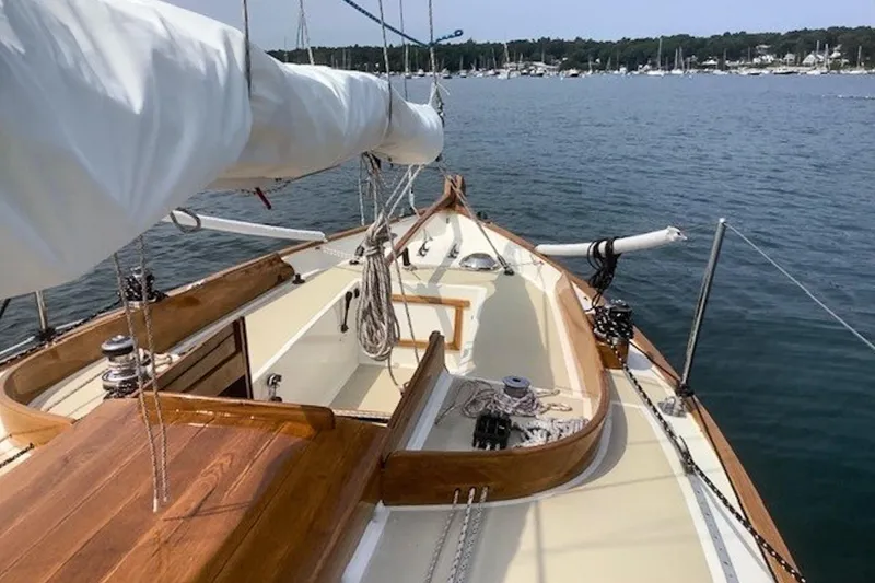 Slide: The Image of Sailboat deck view of 1988 Morris Frances 26 on calm water. - 8