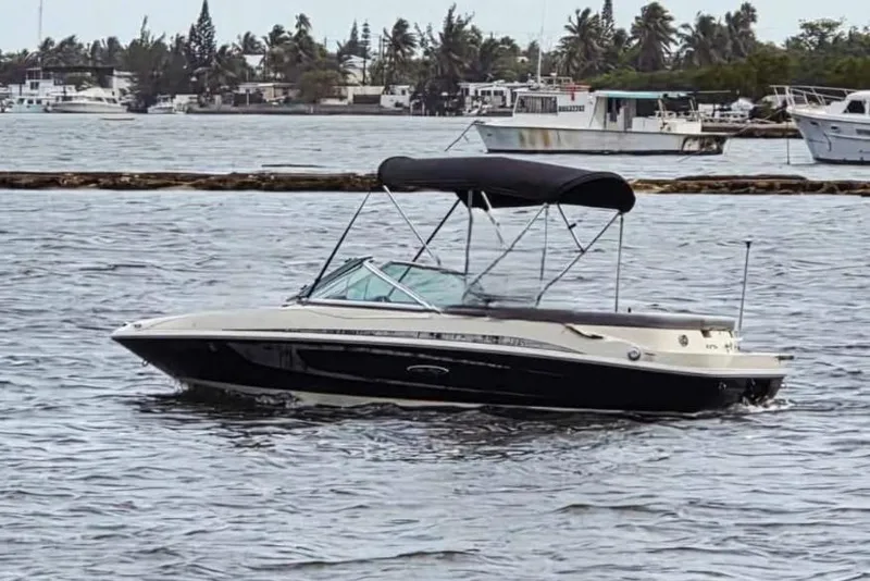 The Image of 2009 Sea Ray 175 Sport boat cruising on a calm waterway. - 0