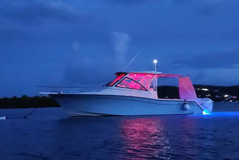 Slide: The Image of 2021 Grady-White Express 330 boat illuminated at night on calm water. - 3