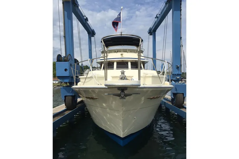 Slide: The Image of 1985 Chris-Craft 500 Constellation yacht in dry dock, front view. - 4