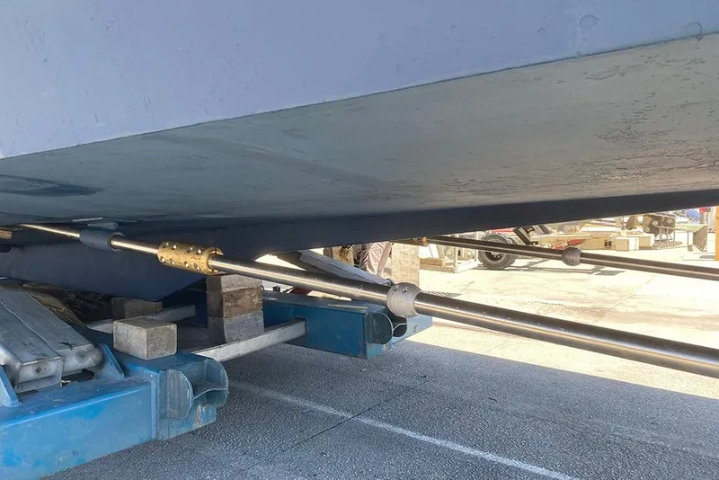 Slide: The Image of Underneath view of a 1985 Chris-Craft 500 Constellation yacht on a trailer. - 47