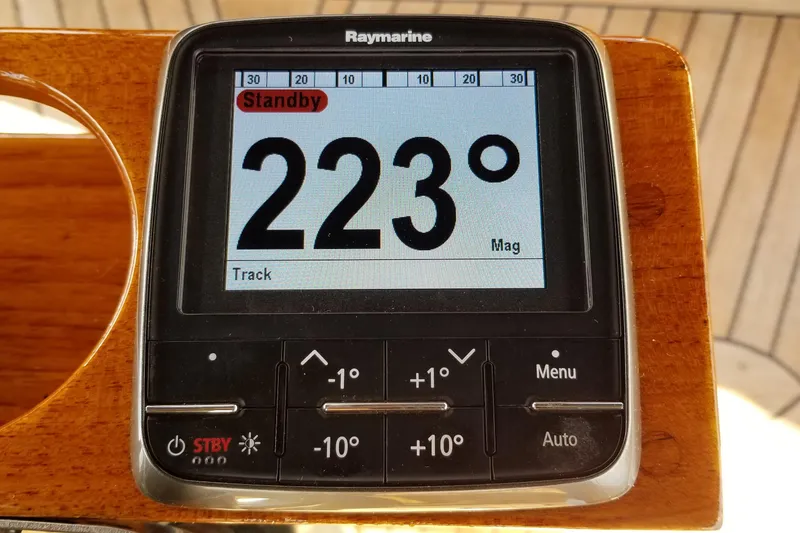 Slide: The Image of Raymarine navigation display showing 223 degrees on a Hans Christian 33, 1987 model. - 51