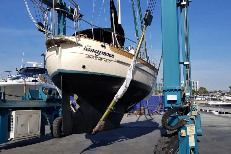 Slide: The Image of Hans Christian 33 sailboat "Honeymoon" from 1987 in dry dock, Santa Barbara, CA. - 66