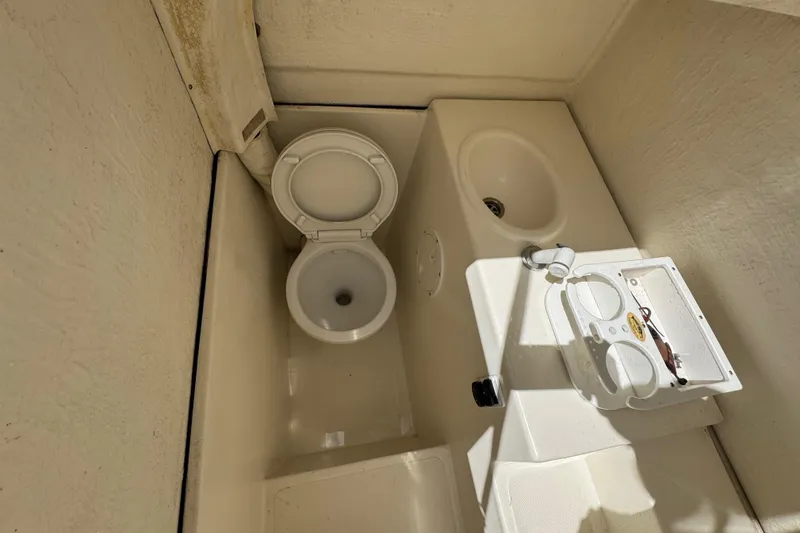Slide: The Image of Interior of a 2018 Beachcat 20 boat featuring a compact toilet and sink area. - 30