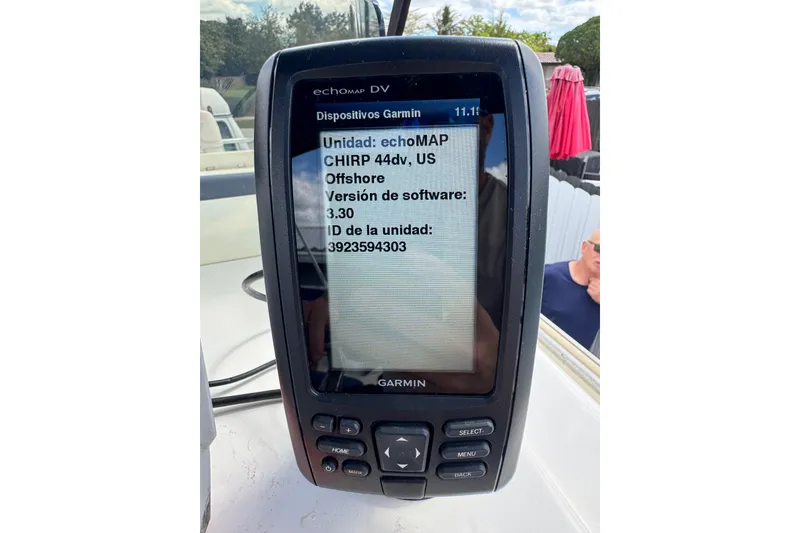 Slide: The Image of Garmin echoMAP device on 2018 Beachcat 20 boat displaying software version and unit ID. - 48