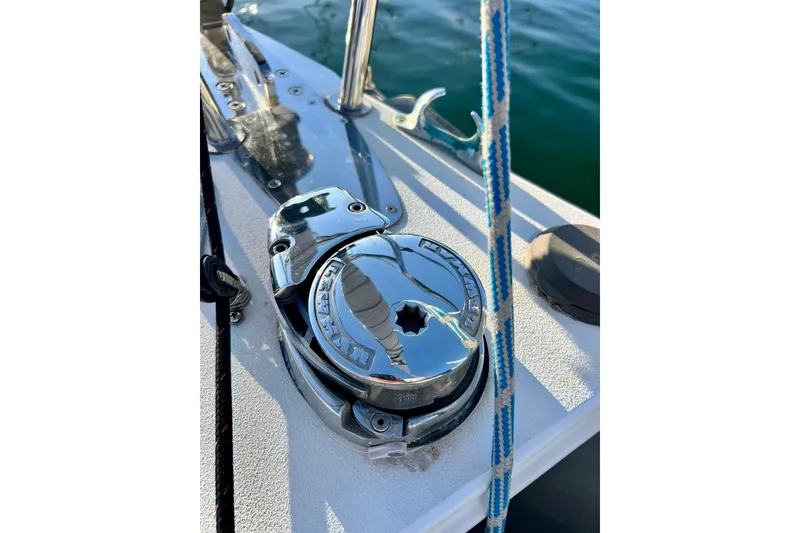 Slide: The Image of Close-up of a 2003 J Boats J/109 deck hardware with polished chrome fittings. - 36