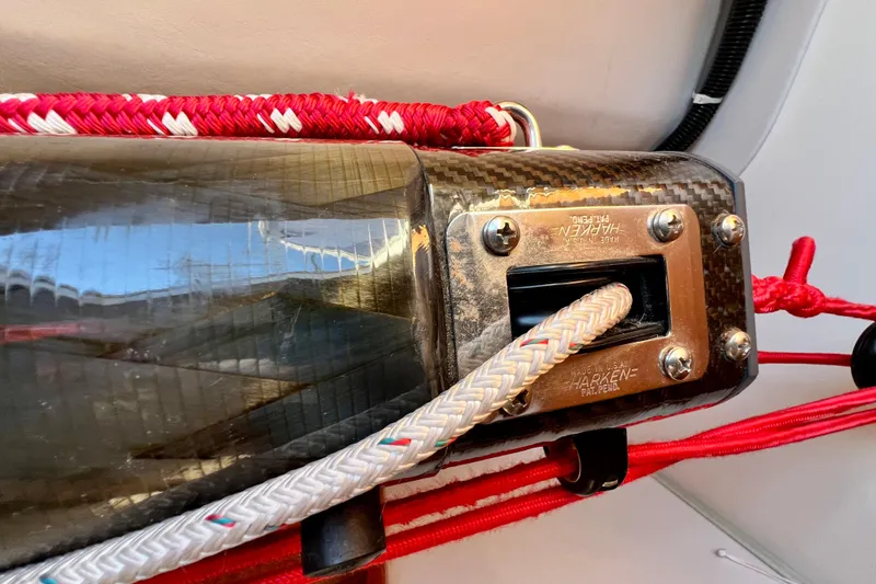 Slide: The Image of Close-up of a 2003 J Boats J/109 sailboat rigging with Harken hardware and colorful ropes. - 71