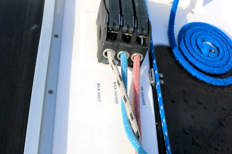 Slide: The Image of Close-up of sailboat lines and cleats, Hunter 33.5, year 1993. - 18