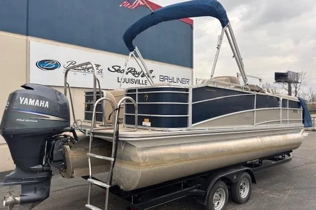 Slide: The Image of 2011 Berkshire 243 SLX pontoon boat with Yamaha motor on trailer. - 4