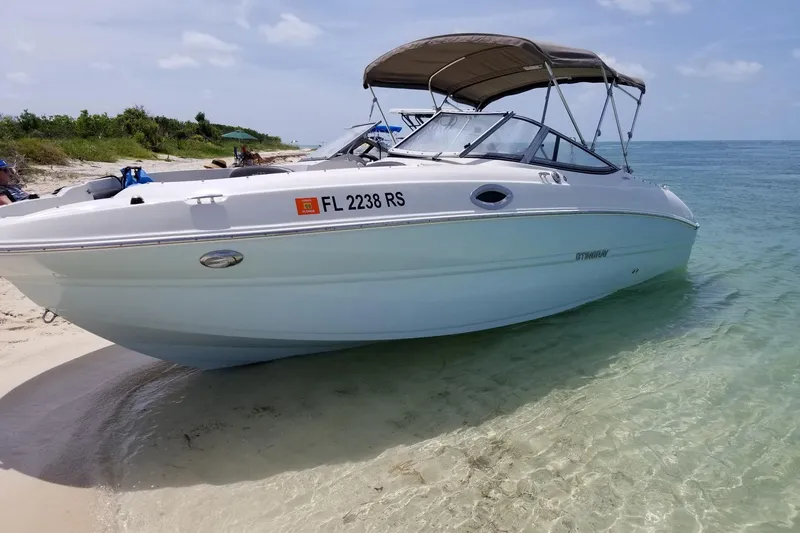 The Image of 2018 Stingray 234 LR boat on sandy beach with clear water and blue sky. - 0