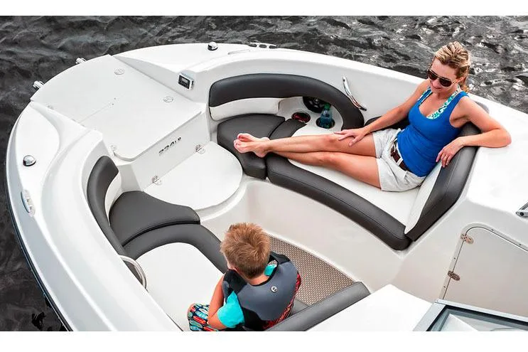 Slide: The Image of Manufacturer Provided Image: 2018 Stingray 234 LR boat with passengers relaxing on cushioned seats. - 14