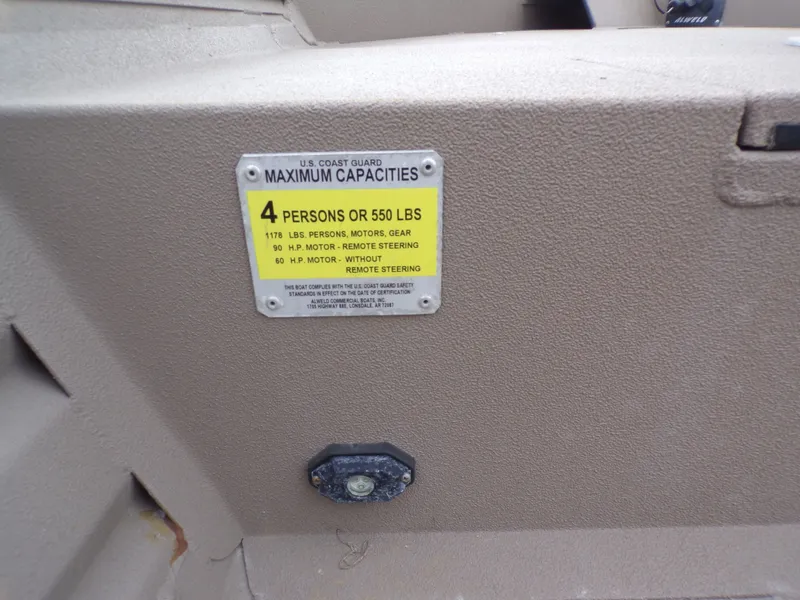 Slide: The Image of Alweld 1960V boat capacity plate, 4 persons or 550 lbs, year 2022. - 5