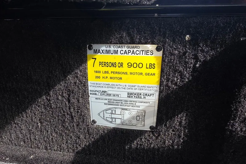 Slide: The Image of 2026 Smoker Craft Explorer 190 FS capacity label, 7 persons or 900 lbs, 200 HP motor. - 18