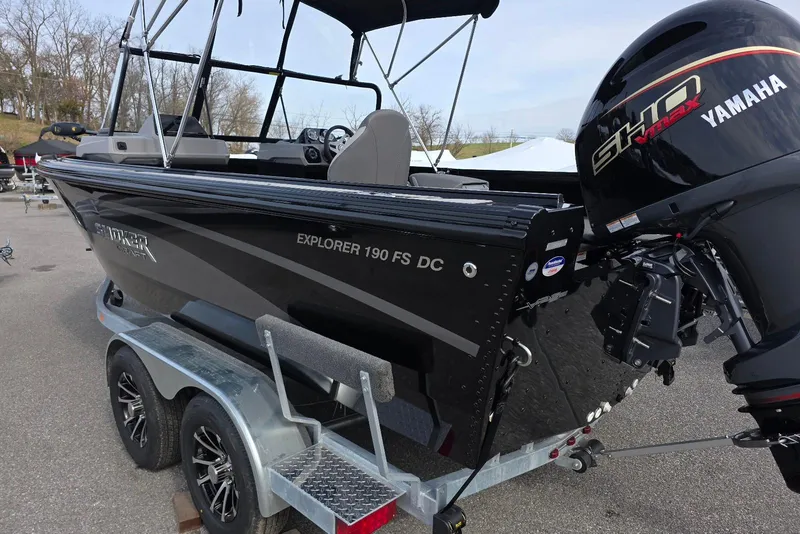 Slide: The Image of 2026 Smoker Craft Explorer 190 FS boat on trailer with Yamaha engine. - 4