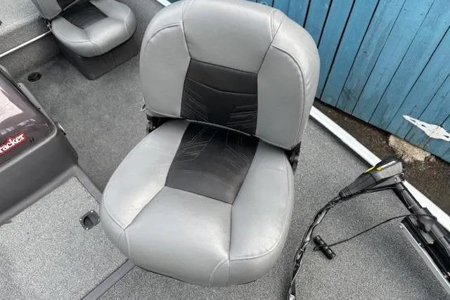 Slide: The Image of 2019 Tracker Bass Tracker Classic XL boat seat with gray and black upholstery. - 10