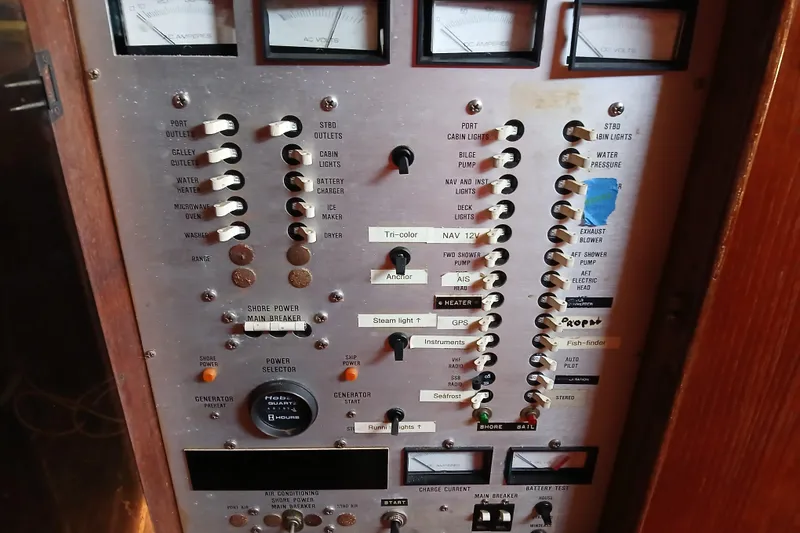Slide: The Image of Control panel of a 1981 Gulfstar 44 yacht with various switches and gauges. - 45