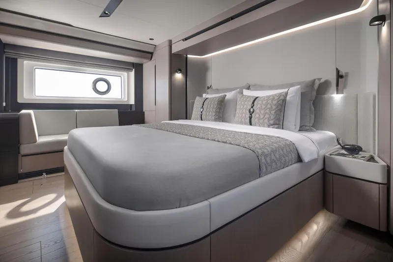 Slide: The Image of Luxurious bedroom interior of 2026 Sirena 60 yacht with modern design and elegant furnishings. - 34