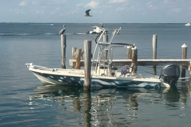 The Image of 2006 Scout 240 Bay Scout boat docked, featuring star-patterned hull design, with pelicans nearby. - 0