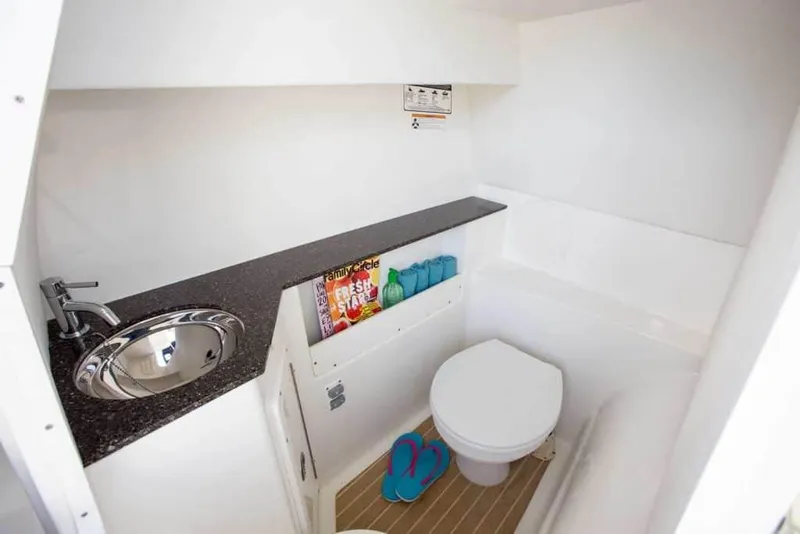 Slide: The Image of Manufacturer Provided Image: Compact bathroom in 2026 World Cat 280 DC-X boat with sink, toilet, and storage. - 12