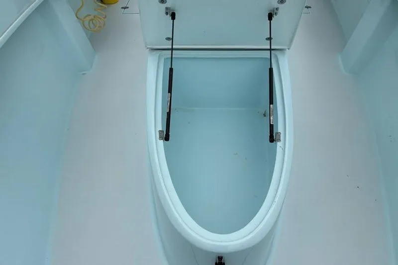 Slide: The Image of Open storage compartment in a 2019 Stoner 23 CC boat, featuring hydraulic struts. - 11
