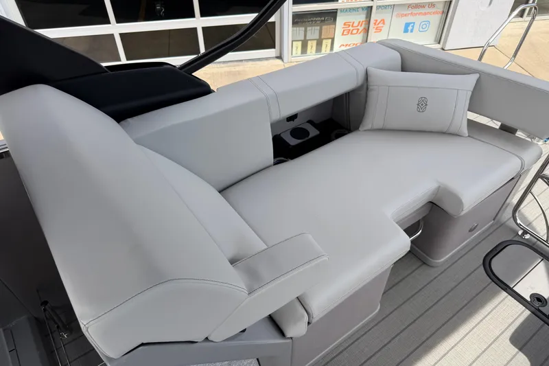 Slide: The Image of Luxurious seating on the 2025 Balise HORIZON 24C boat, featuring sleek gray upholstery. - 19