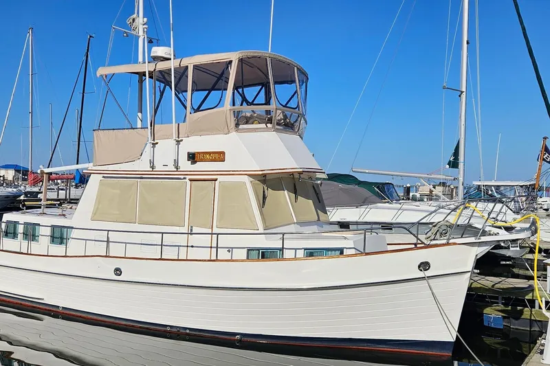 The Image of 1989 Grand Banks 36 Classic yacht docked at marina under clear blue sky. - 0