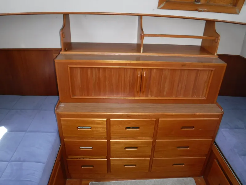 Slide: The Image of Interior of 1989 Grand Banks 36 Classic with wooden cabinetry. - 14