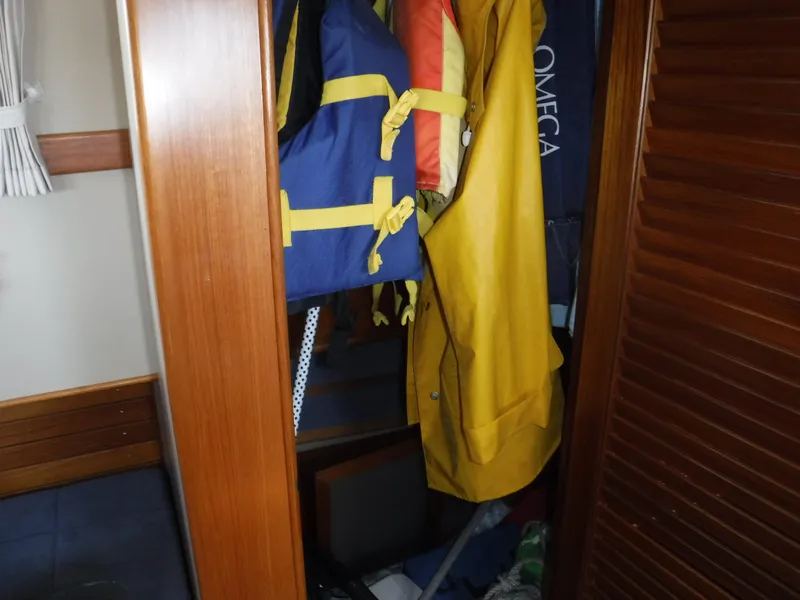 Slide: The Image of Interior of 1989 Grand Banks 36 Classic with life jackets. - 15