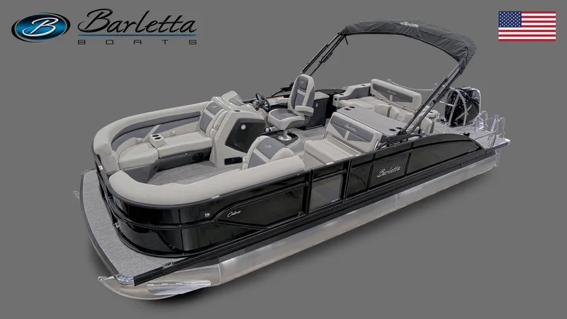 Slide: The Image of 2023 Barletta Cabrio 24 UE Tritoon boat with US flag. - 5