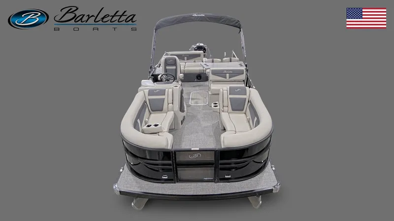 Slide: The Image of 2023 Barletta Cabrio 24 UE Tritoon boat, gray interior, USA flag. - 7