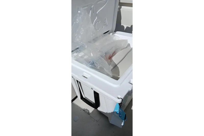 Slide: The Image of Open cooler with plastic bags inside on a 2024 Ranger RB200 boat. - 8