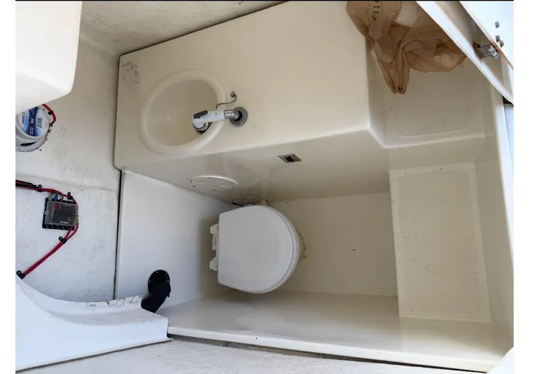 Slide: The Image of Interior of a 2017 Beachcat 230 boat featuring a compact bathroom with sink and toilet. - 10