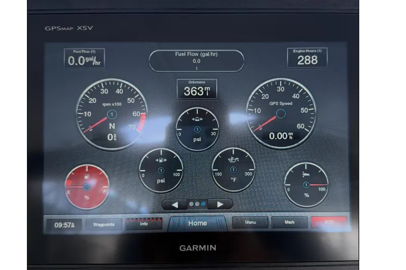 Slide: The Image of Garmin GPS display on 2017 Beachcat 230 showing engine metrics and navigation data. - 24