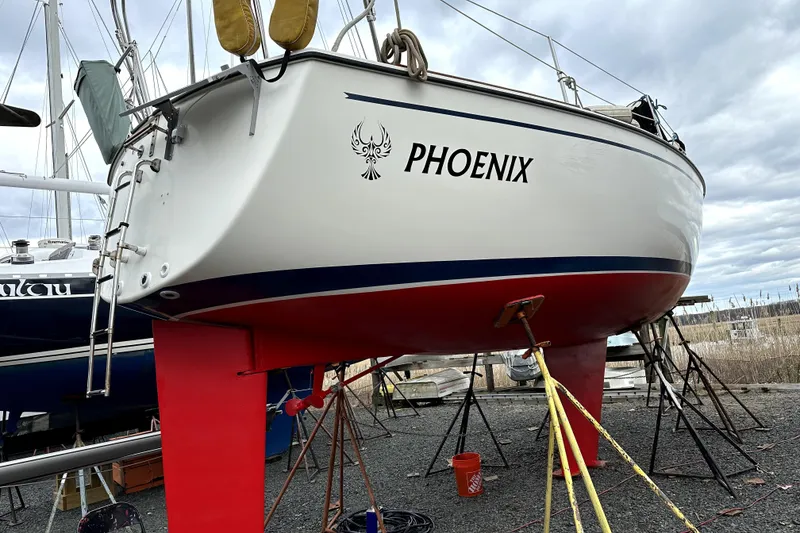Slide: The Image of 1984 Pearson 34 sailboat "Phoenix" on stands, ready for maintenance. - 3
