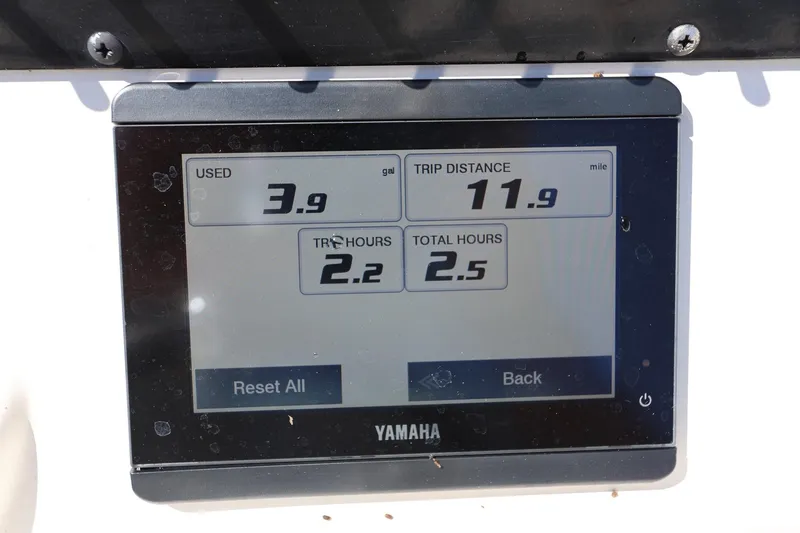Slide: The Image of Yamaha display showing fuel usage and trip data on 2024 Pathfinder 2300 HPS. - 16