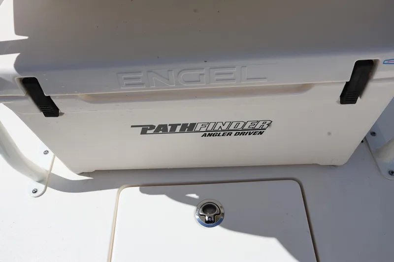 Slide: The Image of 2024 Pathfinder 2300 HPS boat with Engel cooler, "Angler Driven" branding. - 27