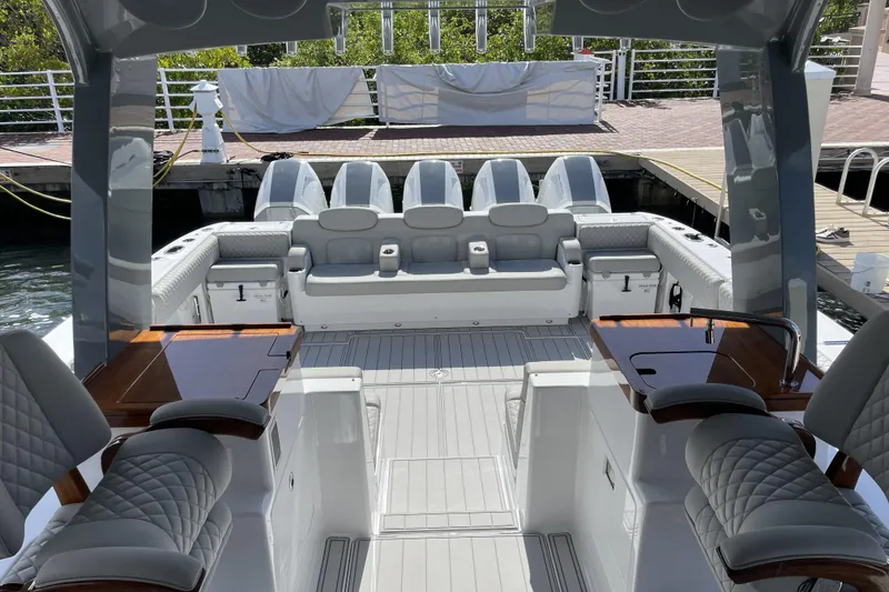 Slide: The Image of Luxurious 2025 HCB 56 Suenos yacht interior with plush seating and sleek design. - 10