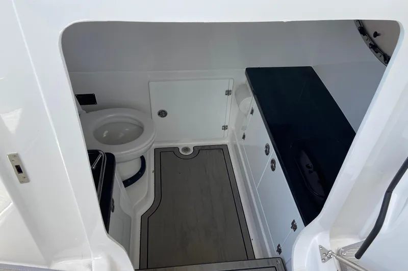 Slide: The Image of 2026 Monterey Elite 30 OB boat interior with toilet and storage cabinets. - 43
