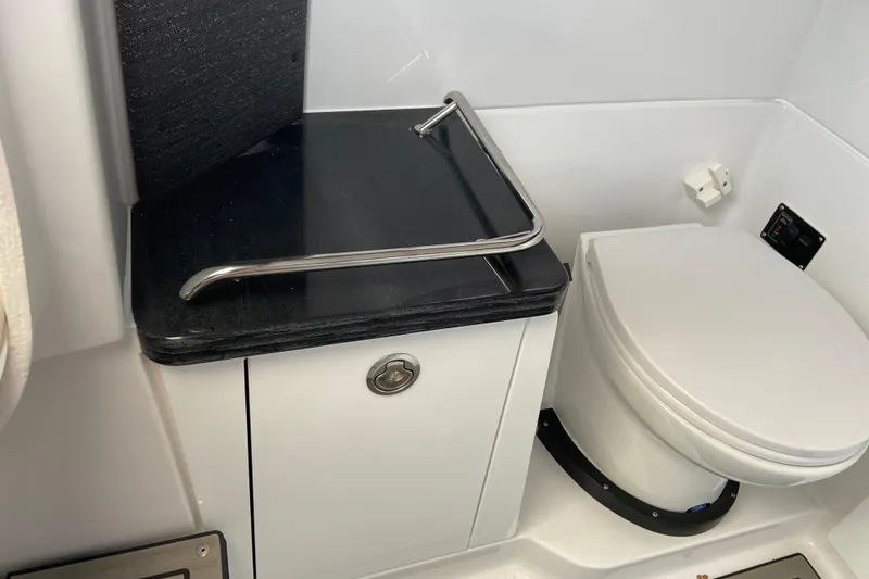 Slide: The Image of 2026 Monterey Elite 30 OB boat bathroom with modern toilet and sleek countertop. - 49