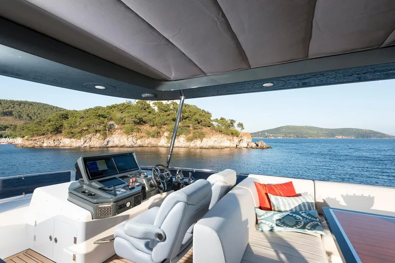 Slide: The Image of Luxurious Sirena 68 yacht interior with scenic ocean view, featuring modern helm and comfortable seating. - 38